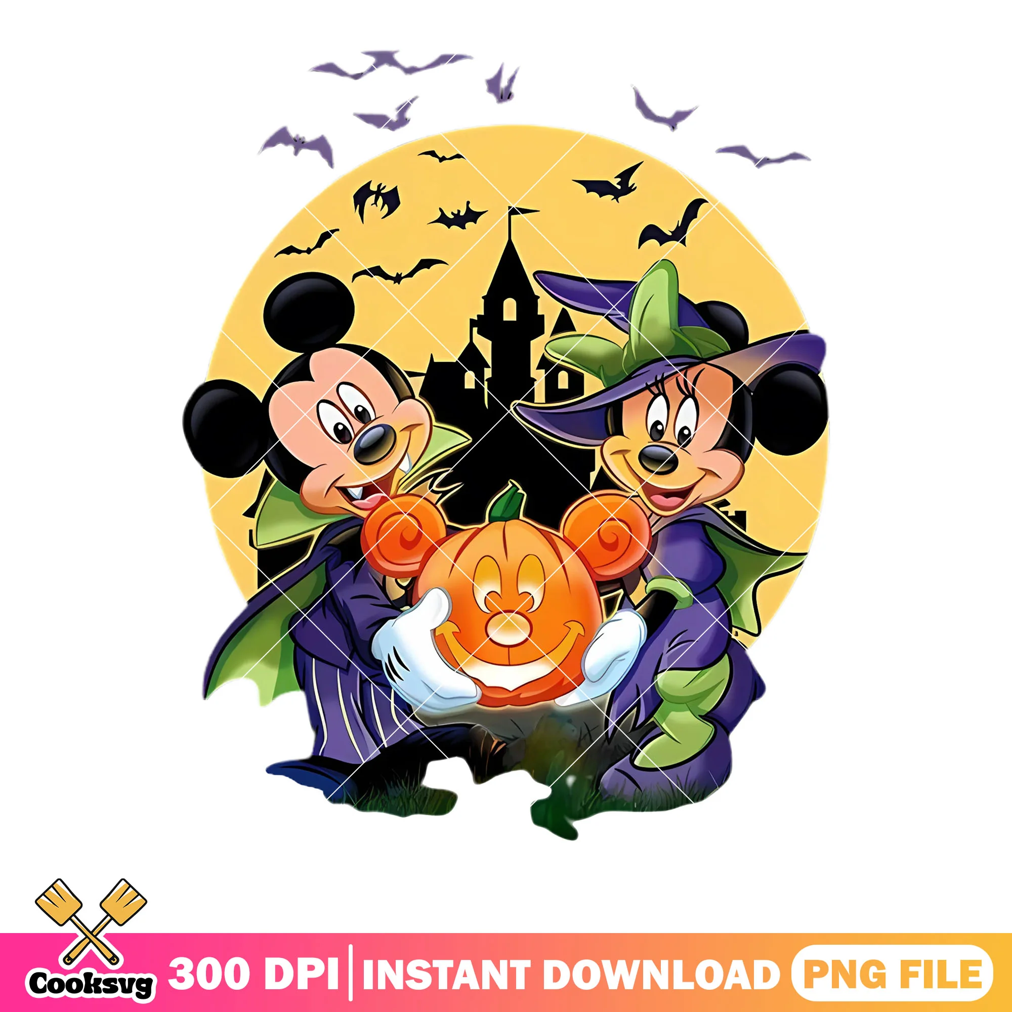 Spooky castle png, mickey head pumpkin art png, vampire costume png