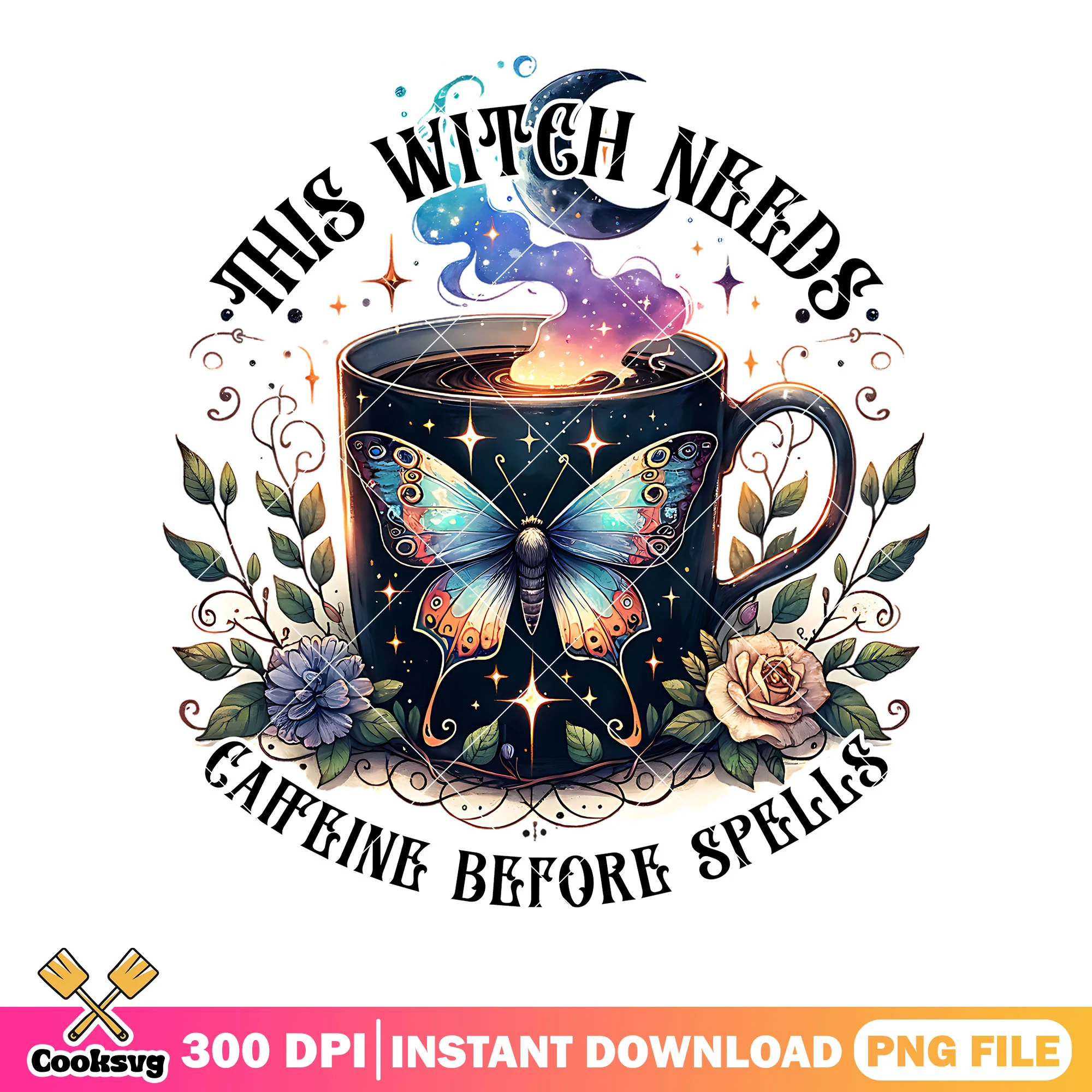 Spooky coffee flower png, cresent moon png, halloween scary png