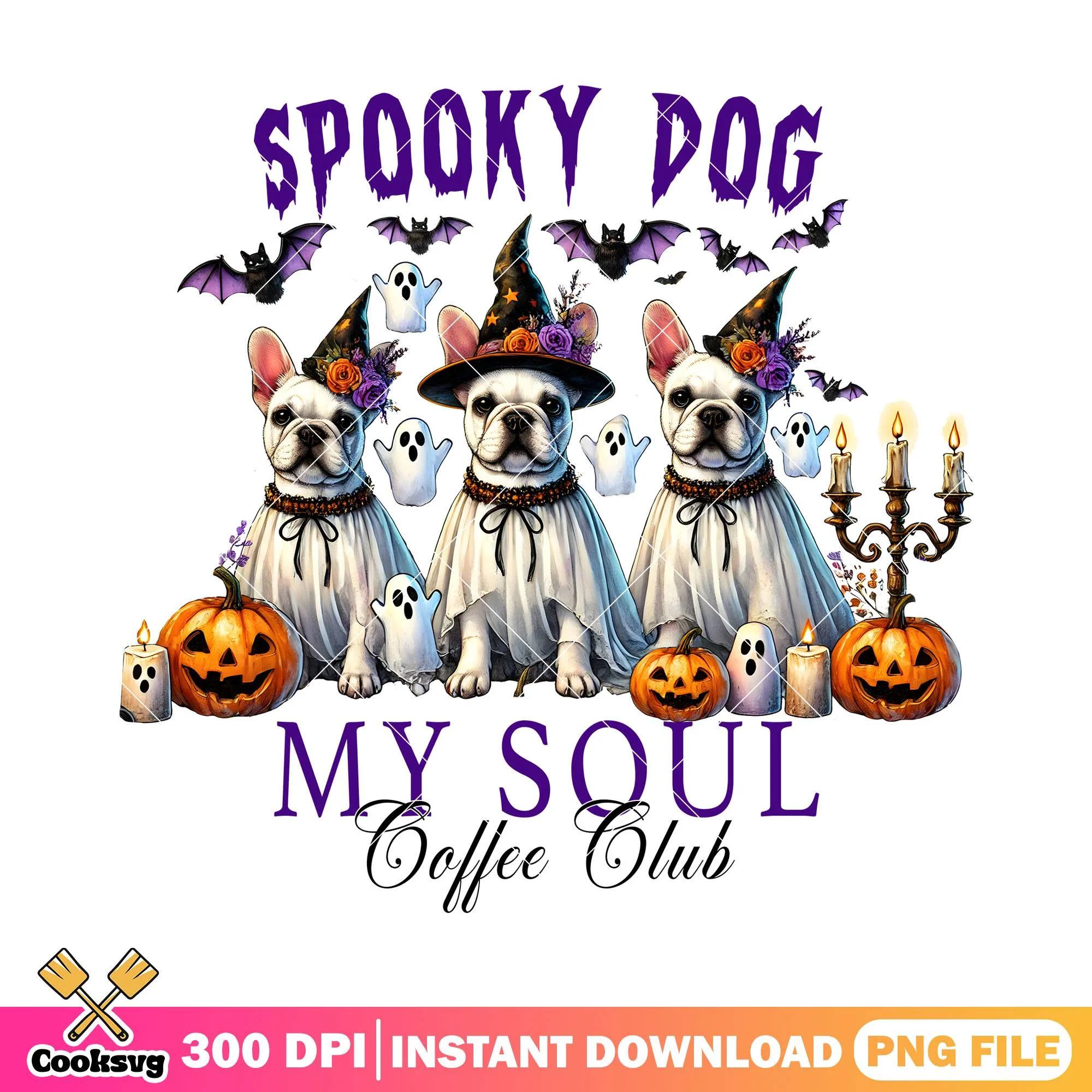 Spooky dog my soul coffee club png, halloween decor png, pumpkin png