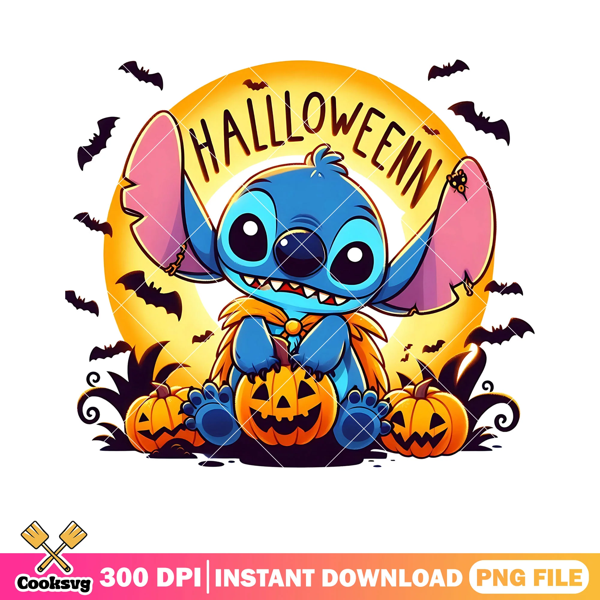 Spooky halloween stitch costume png, wicker pumpkin png, scary bat png