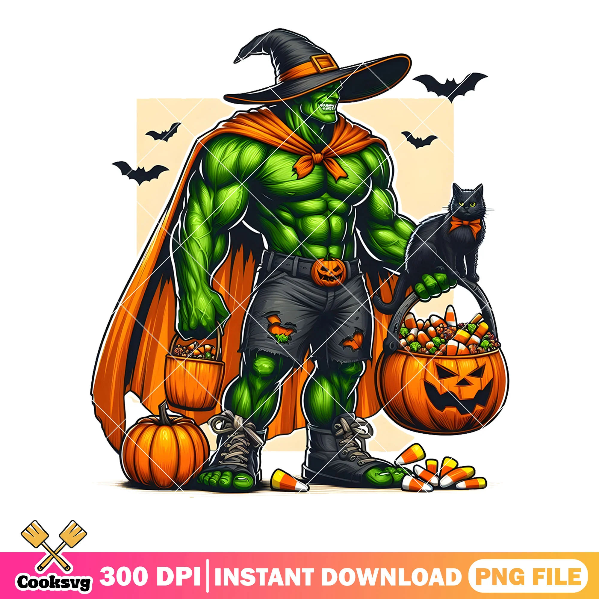 Spooky hulk png, halloween marvel png, witch costume pn