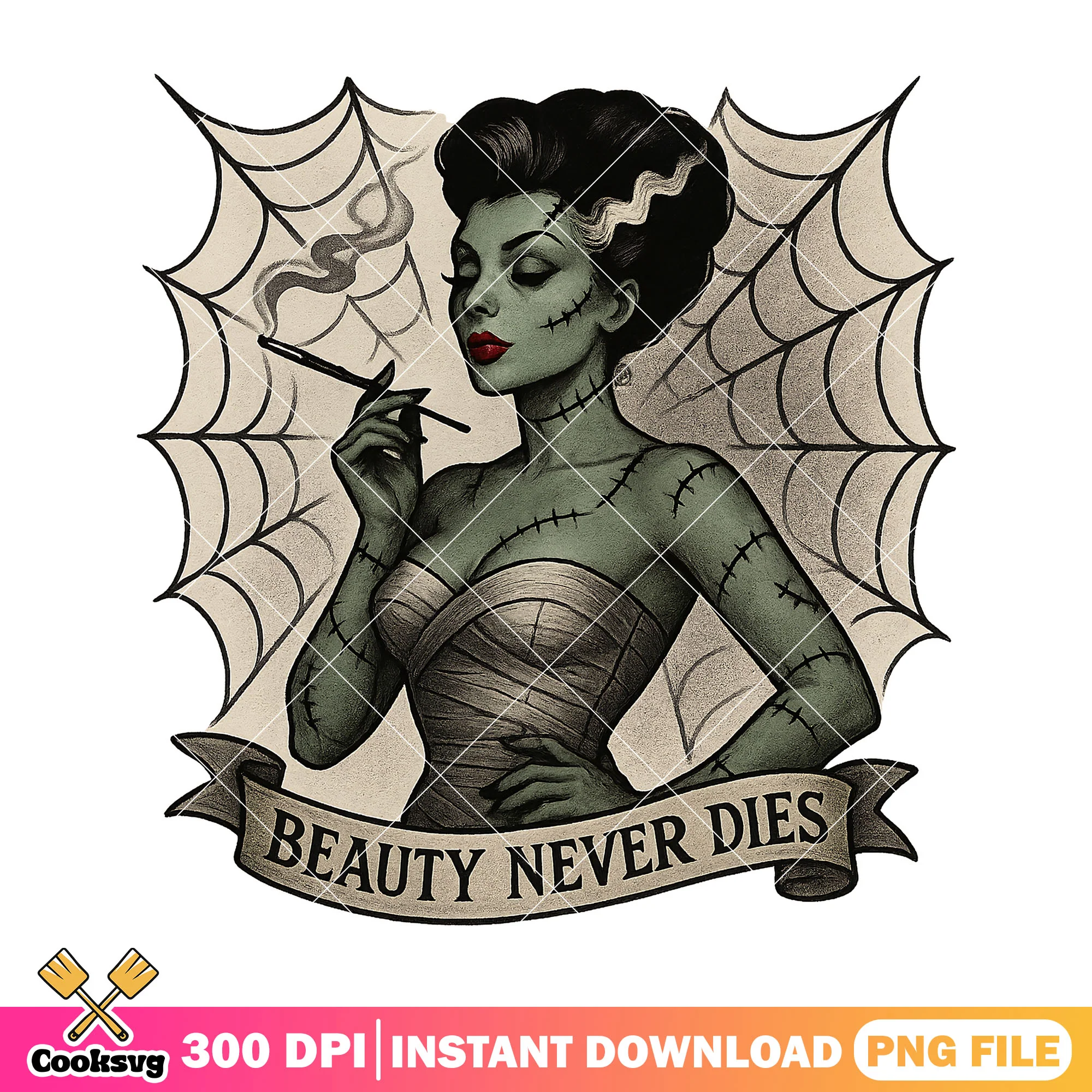 Spooky stitched lady png, horror beauty png, halloween fun png