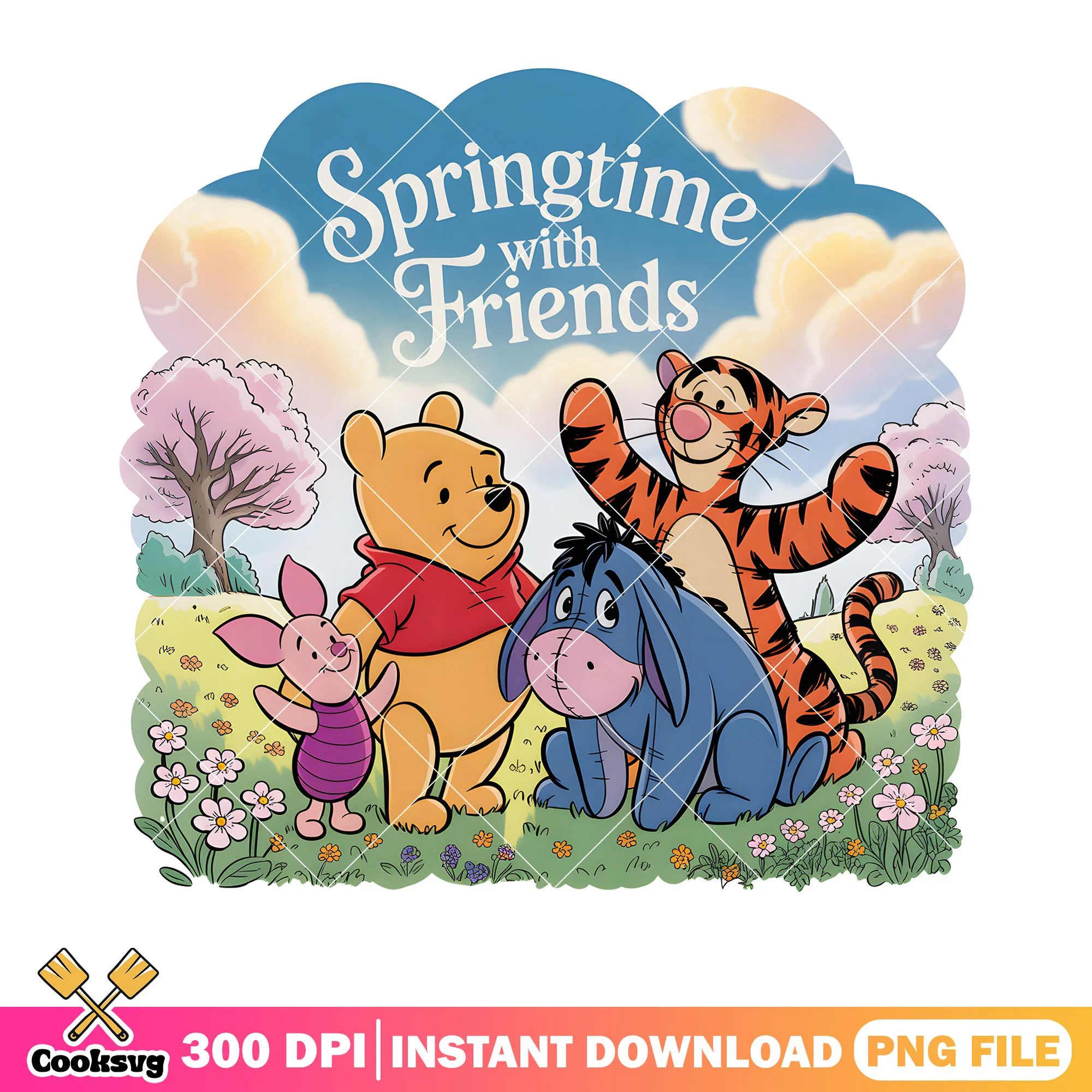 Springtime with friends png, pooh poster png, pooh and friends png