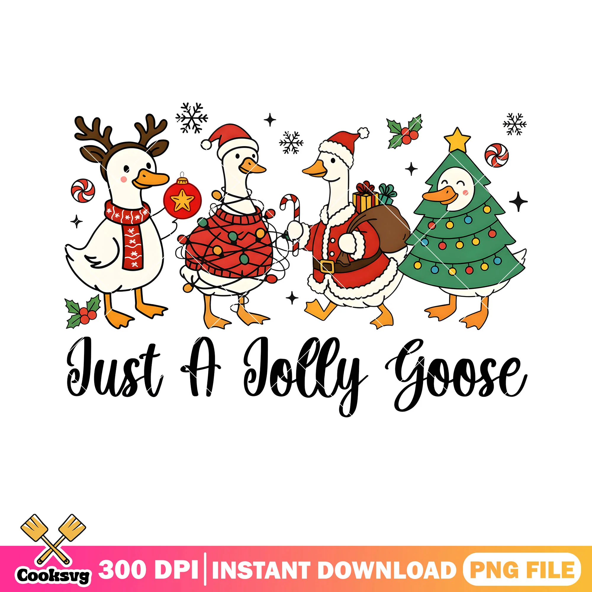 Squad of goose christmas png, christmas present png, string lights png