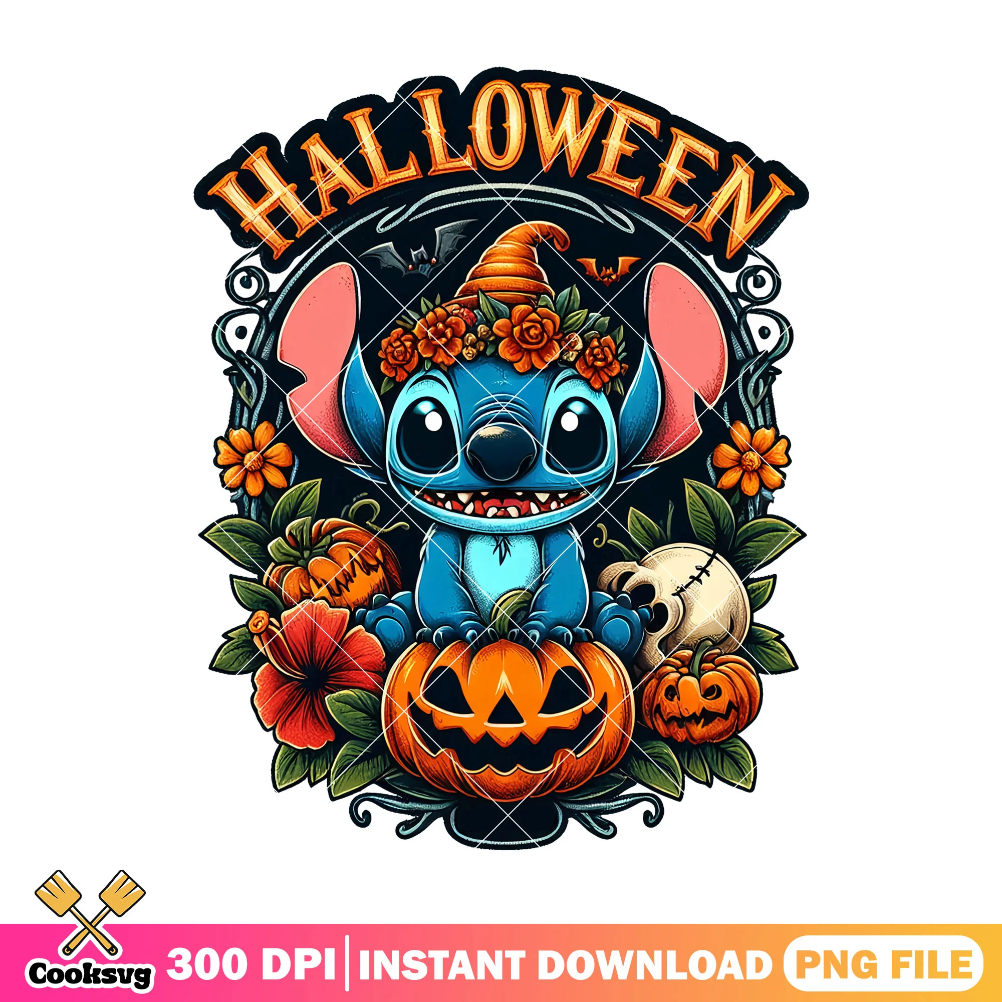 Stitc pumpkin floral png, stitc disney png, disney costume png
