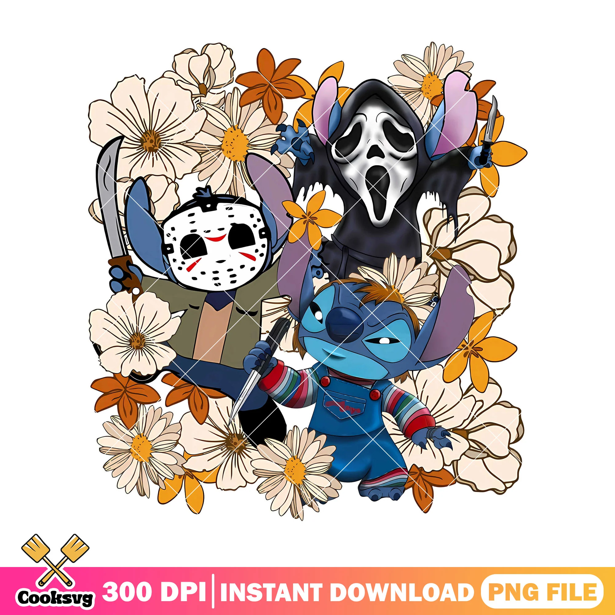 Stitch horror floral png, horror movies png, stitch horror png