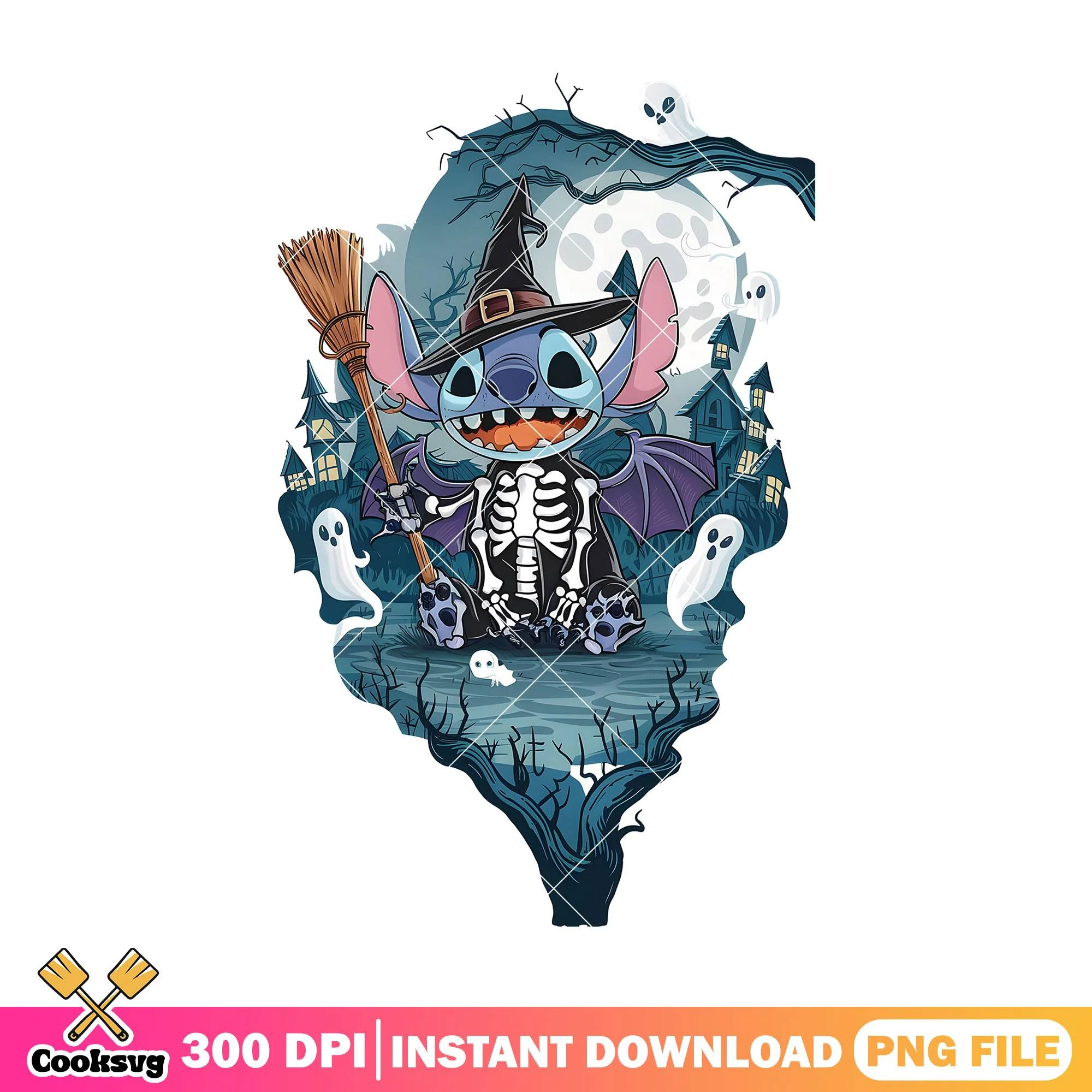 Stitch with broom png, halloween decor png, disney movies png