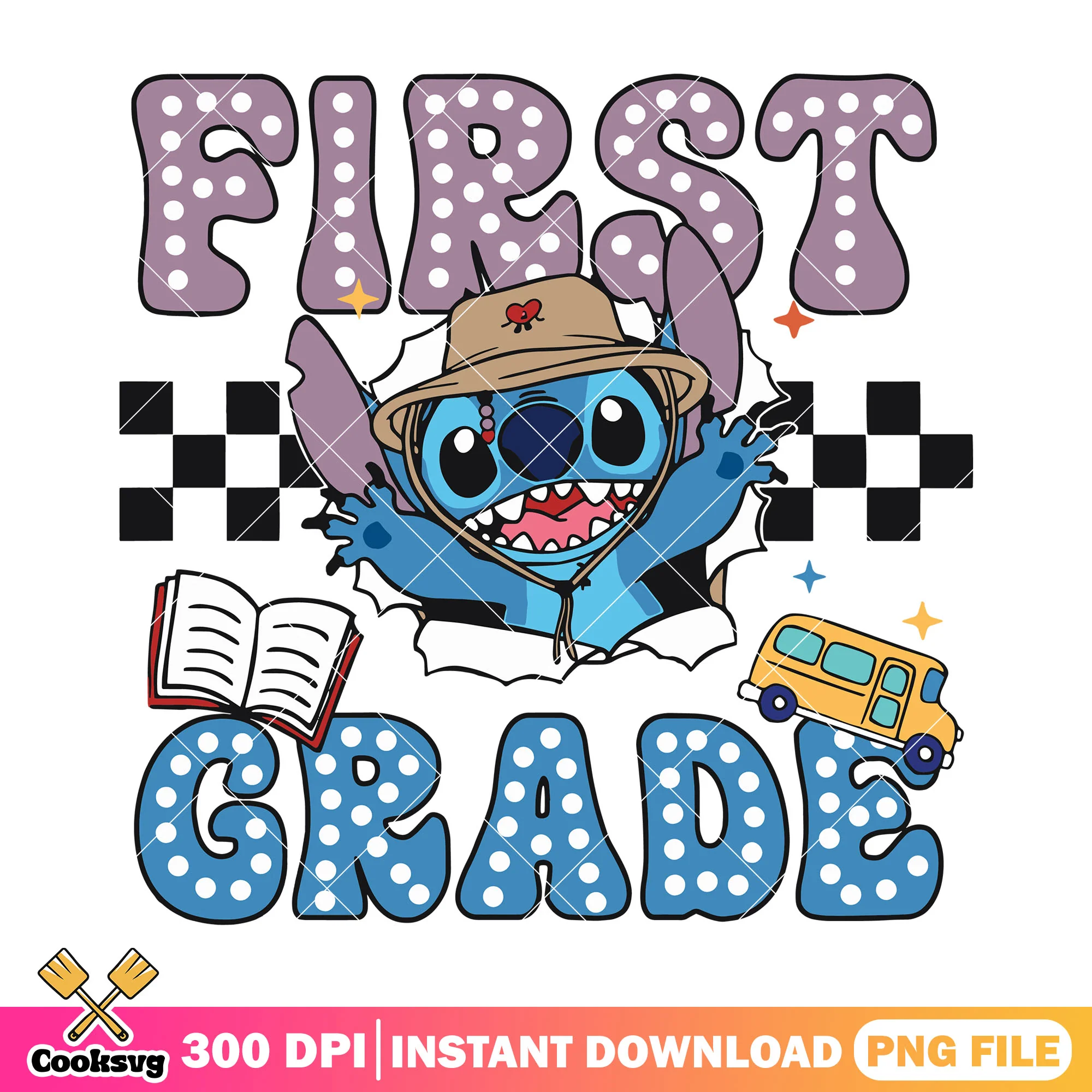 Stitch with first grade png, go back to school png, art disney png