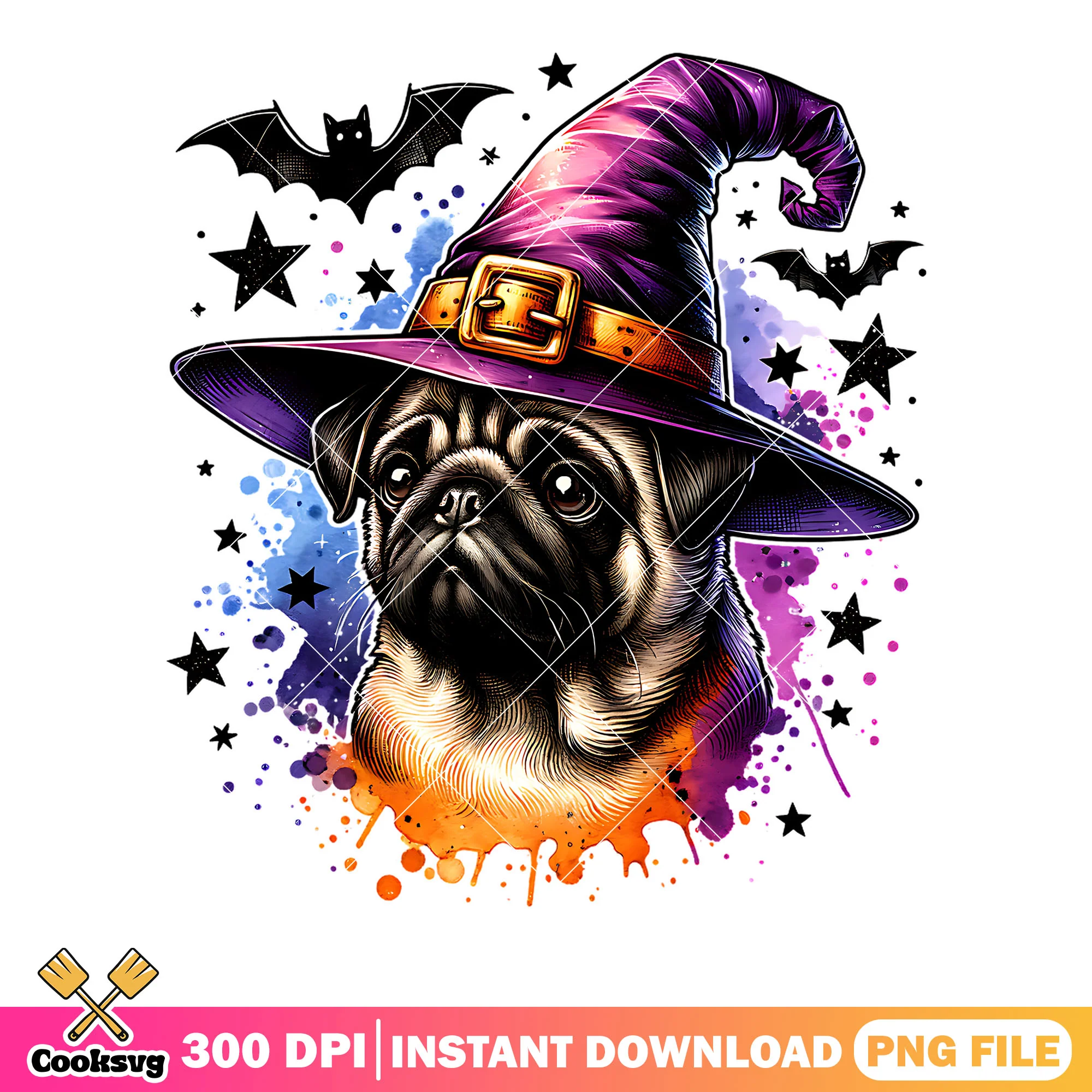 Stupid pug scary bats png, witches hat png, halloween scary png