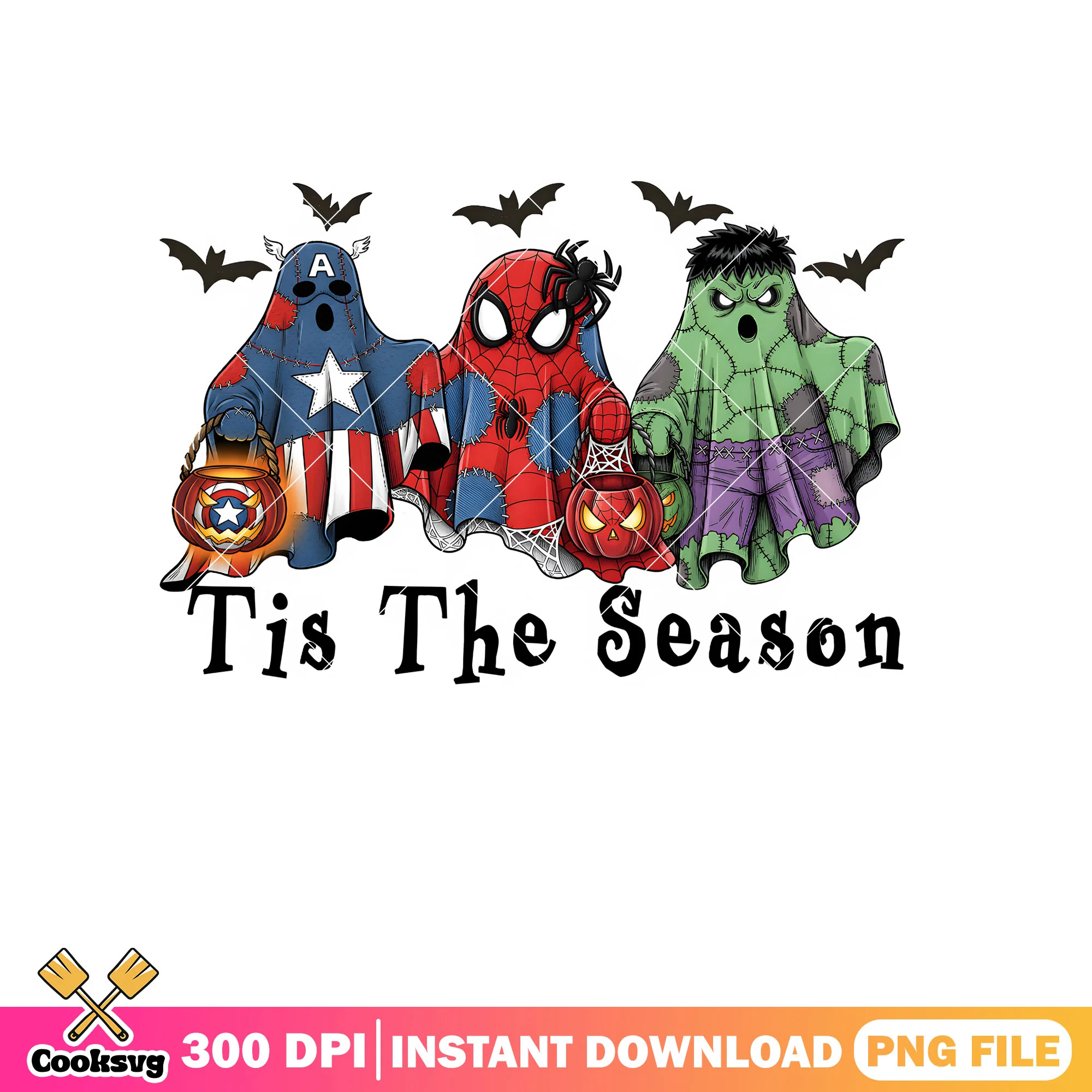 Superhero ghosts png, marvel halloween png, hero chibi png