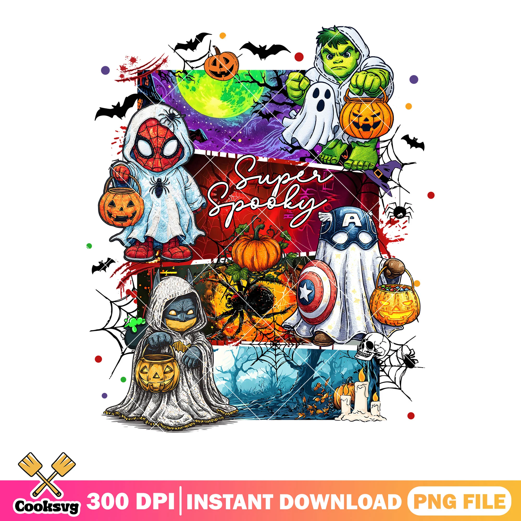 Superhero ghosts png, marvel halloween png, spooky characters png