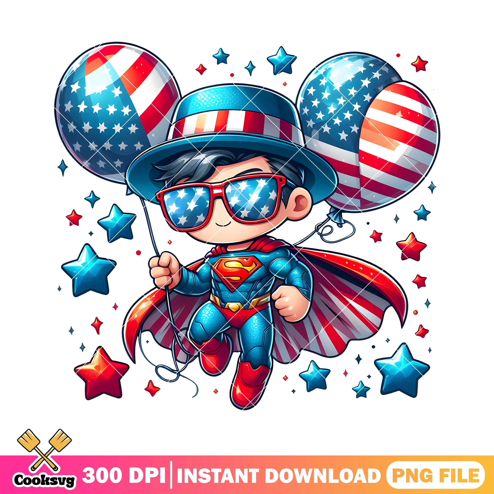 Superman cute in 4th of july png, balloon america png, 4th of july png