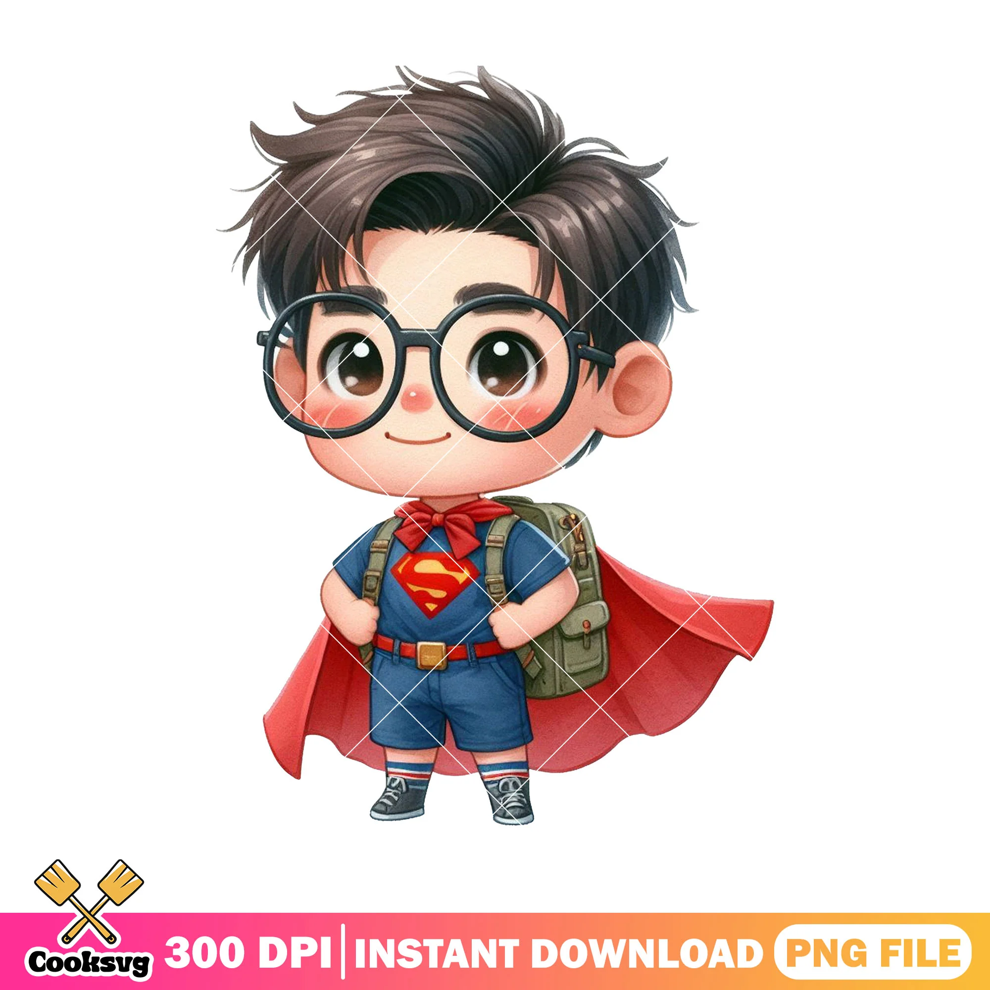 Superman going school png, back to school art png, superman cute png