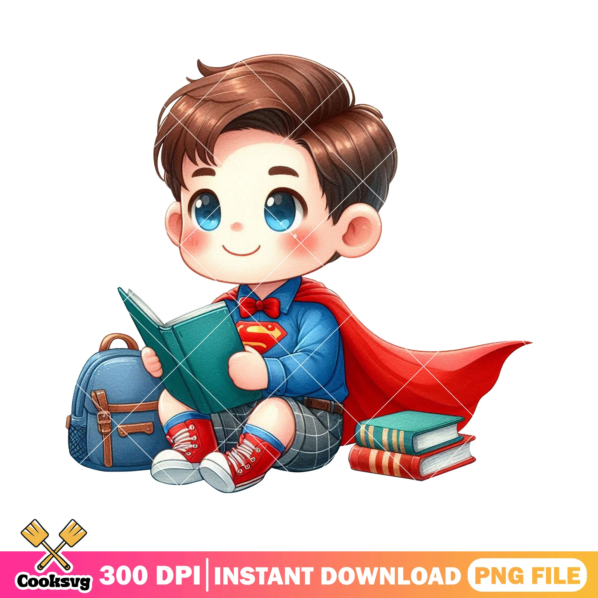 Superman reading png, back to school idea png, cute superman png