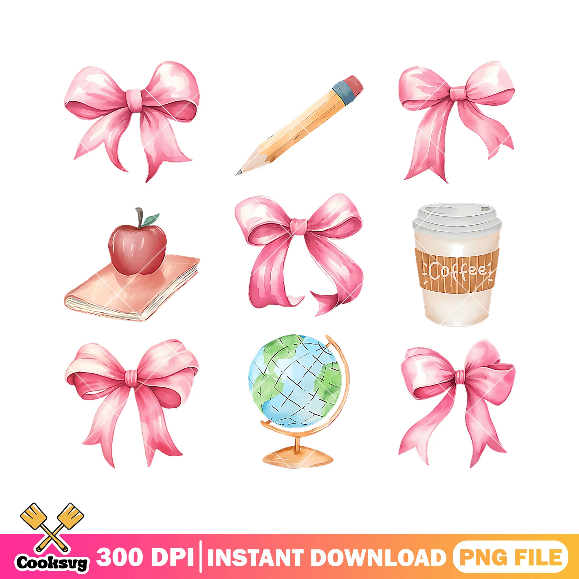 Supplies of school png, back to school supplies png, pink bows png