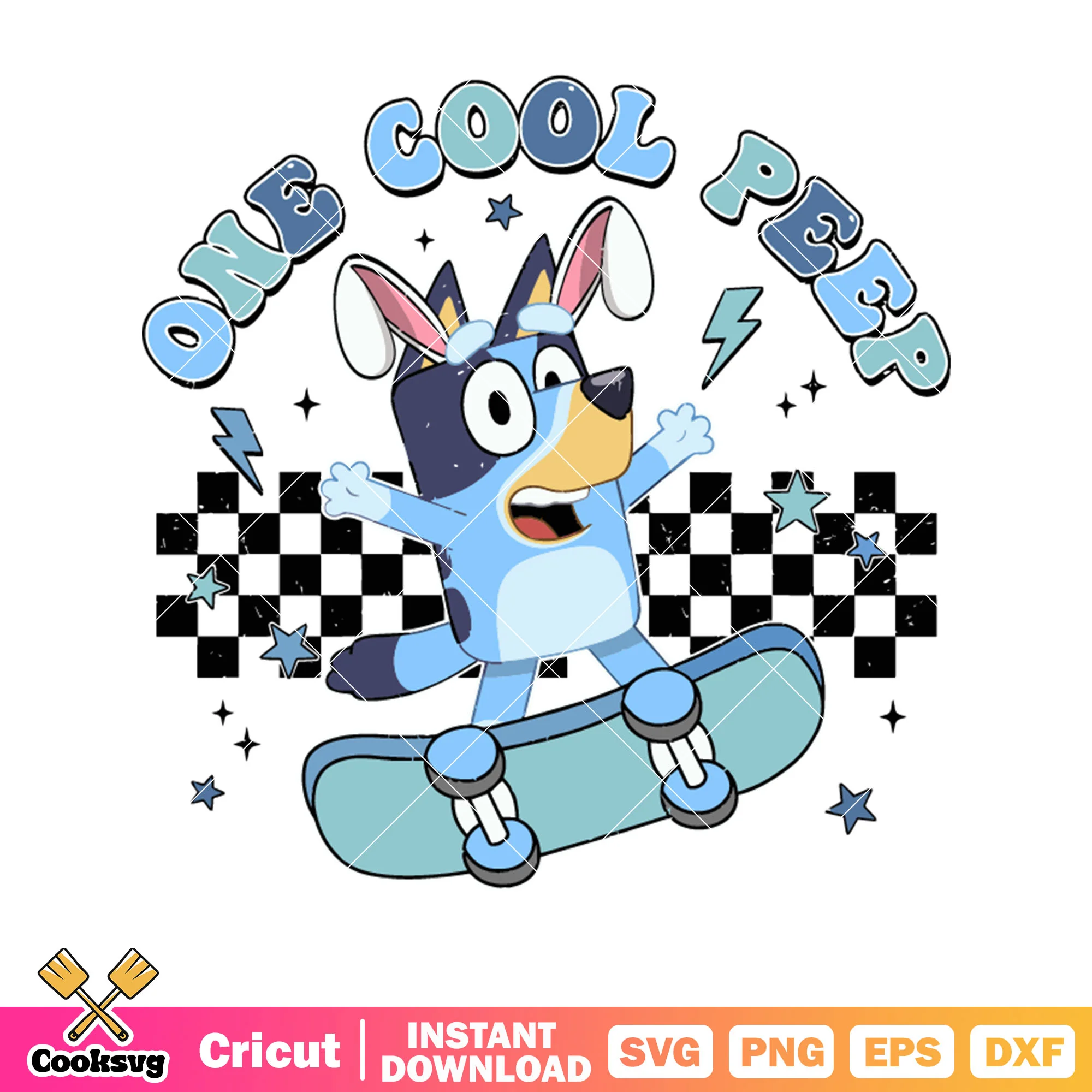 Surfing bluey one cool peep svg, bluey easter bunny svg, bluey dog svg
