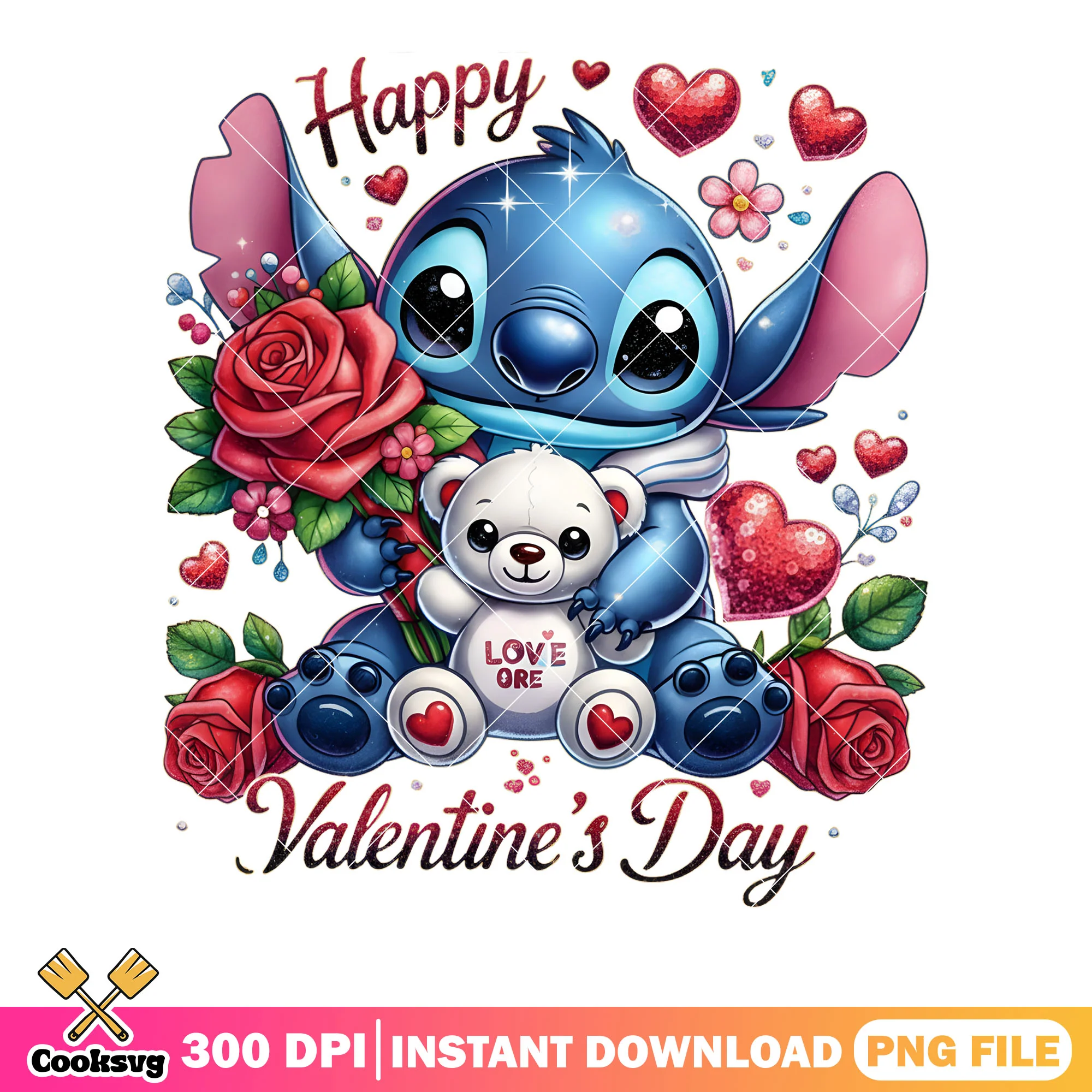 Teddy bear and stitch valentine png, love gifts png, disney valentine png
