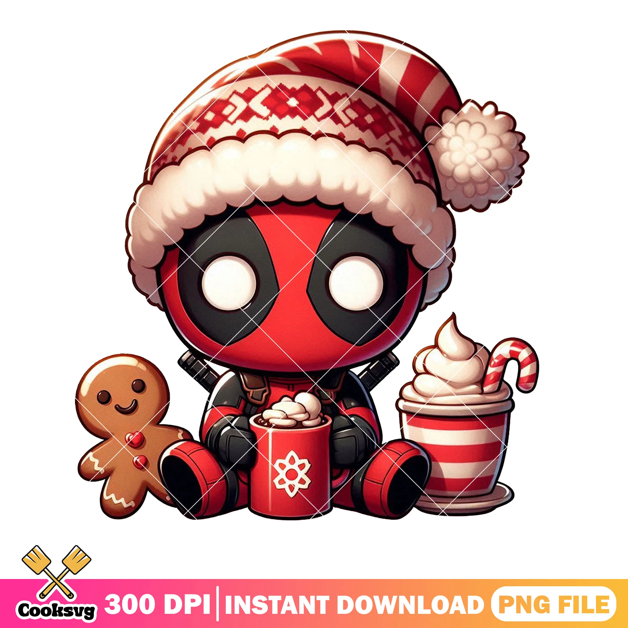 The grown chibi deadpool png, merry xmas png, christmas coffee png