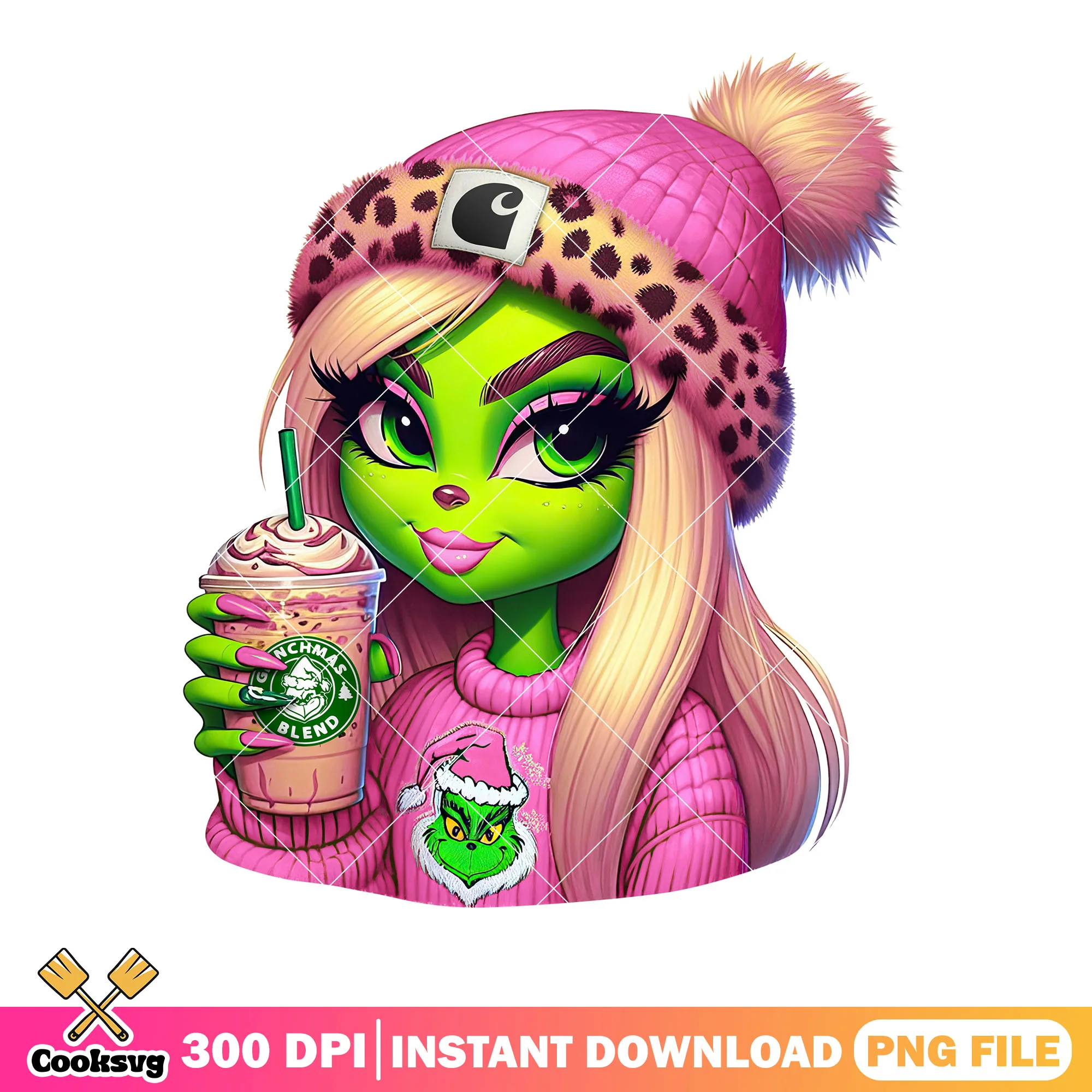 The pink christmas grinch png, christmas coffee png, christmas vibes png