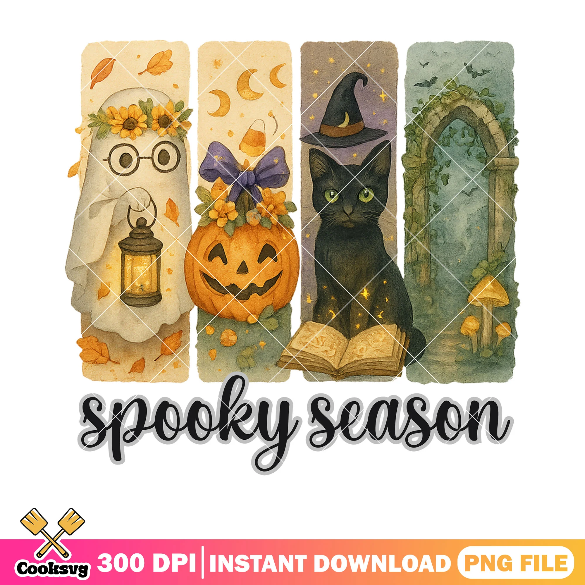 the Spirit with garland png, wicker pumpkin png, spooky halloween png