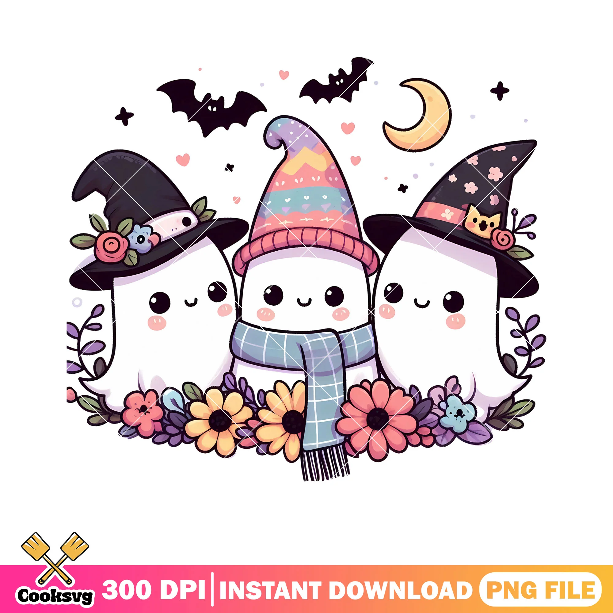 Three type witch hat ghost png, cresent moon png, halloween scary png