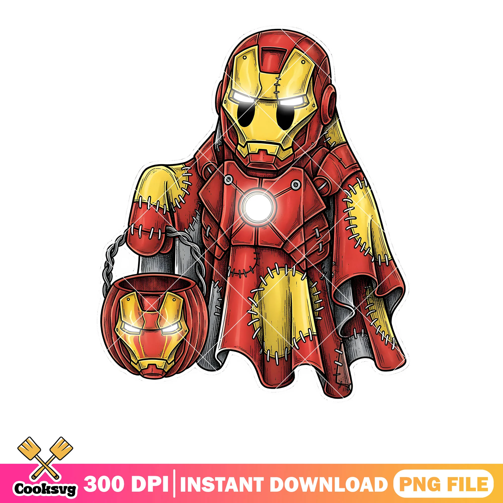 Tony stark ghost png, marvel halloween png, halloween bucket png