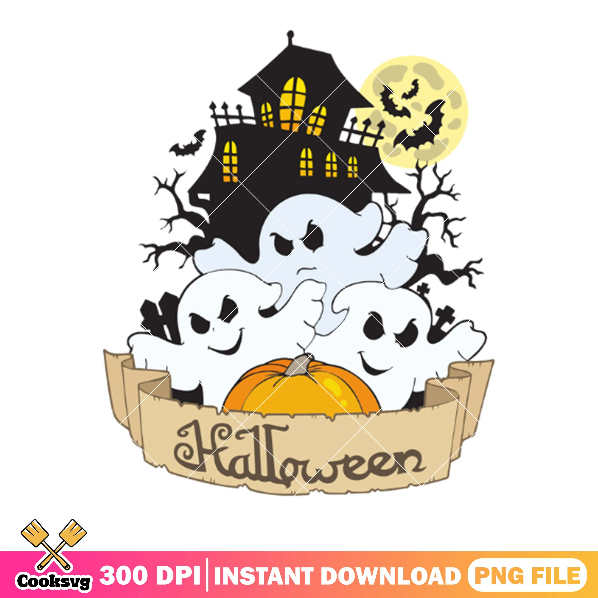 Trio spirit ghost png, spooky castle png, full moon night png