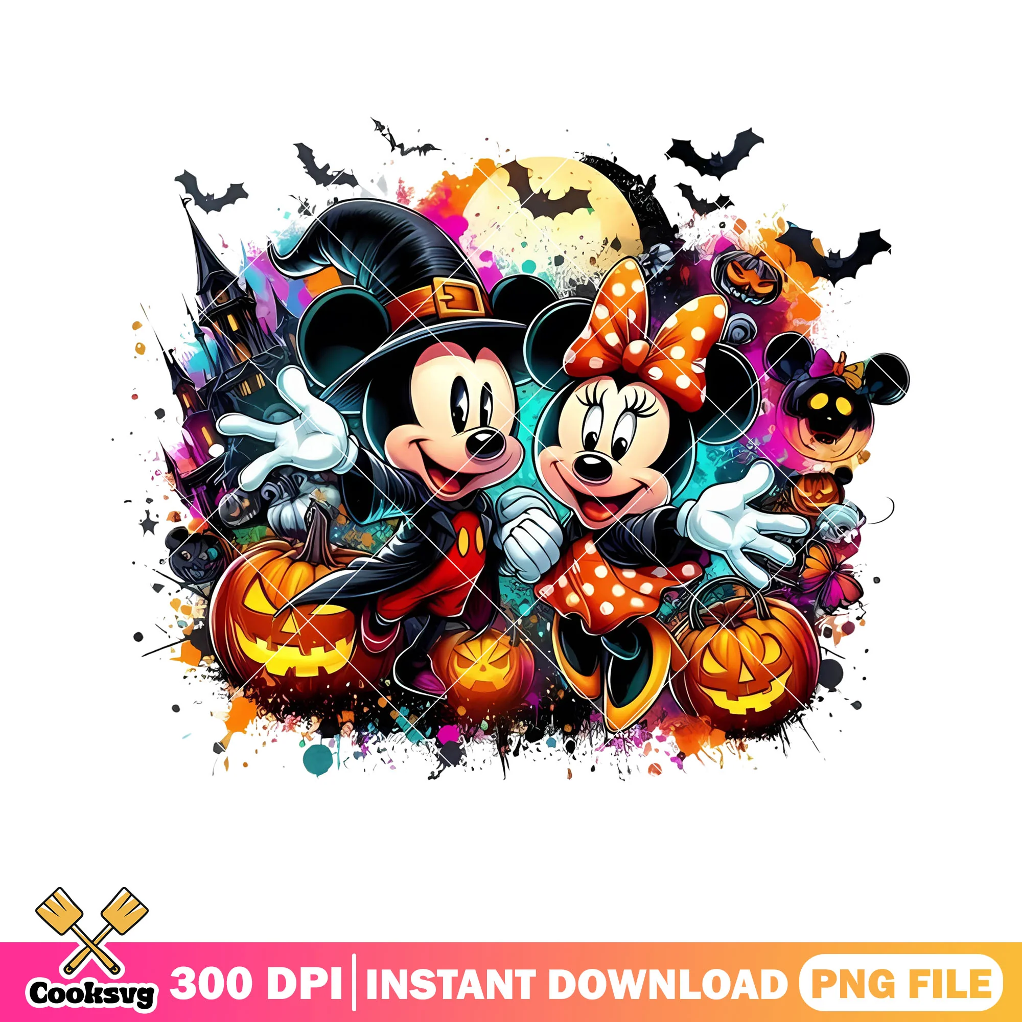 Two disney mouse witch png, disney halloween png, haunted castle png