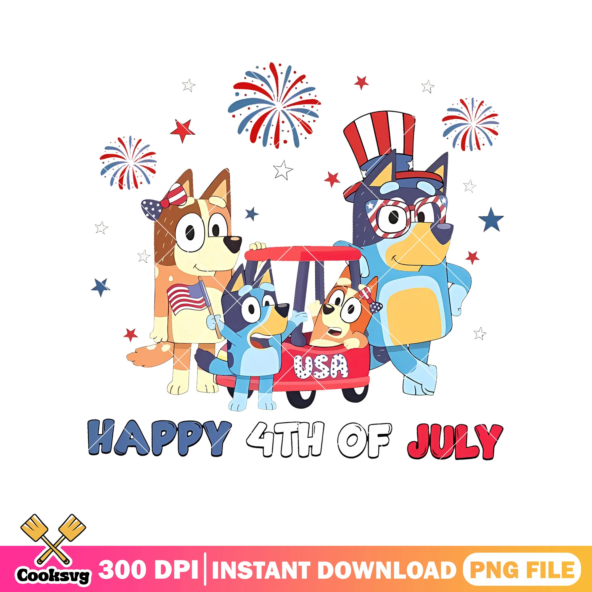Usa happy 4th of july bluey family png, bluey ride on car png, bluey funny png