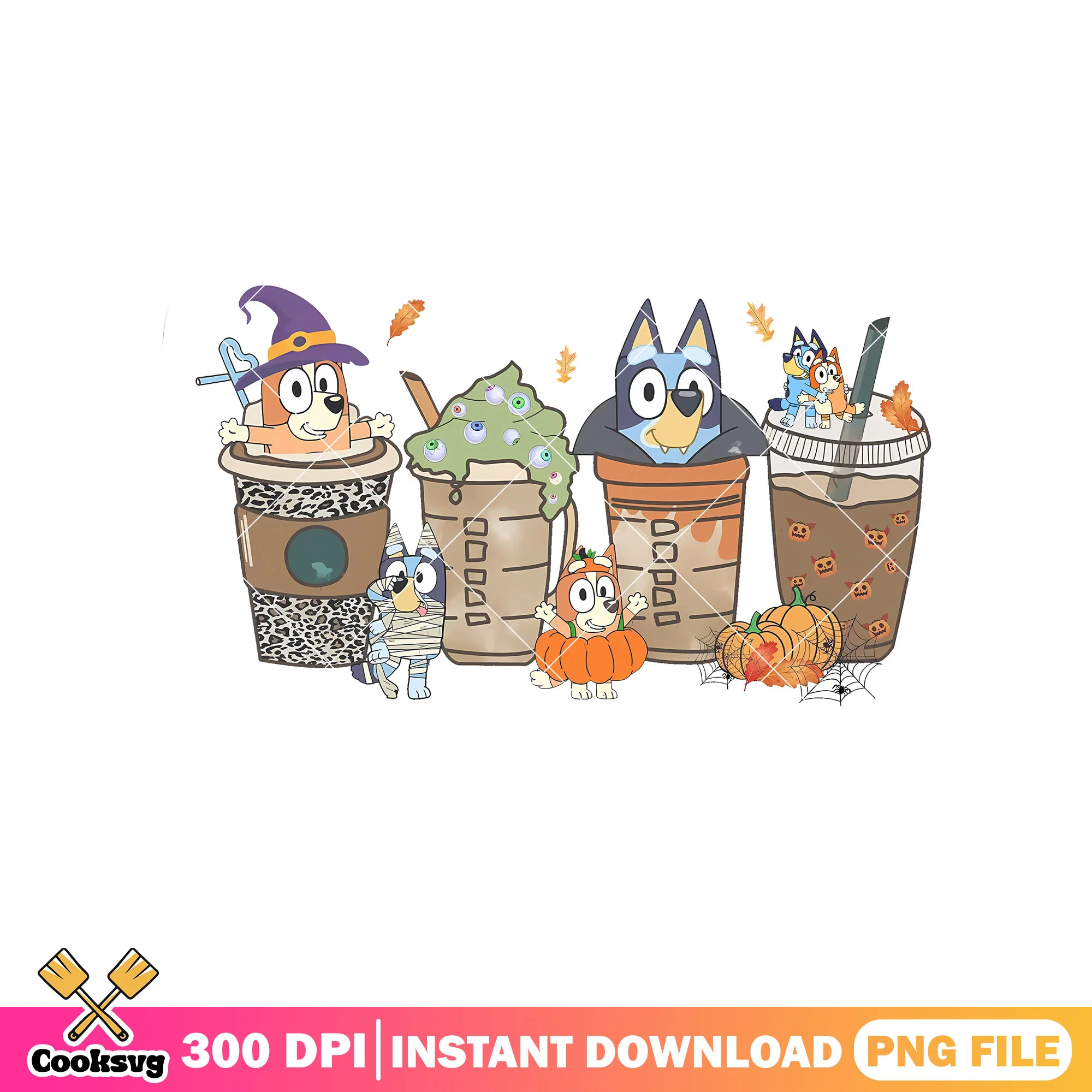 Vintage autumn bluey coffee halloween png, bluey friends png, bluey dog png
