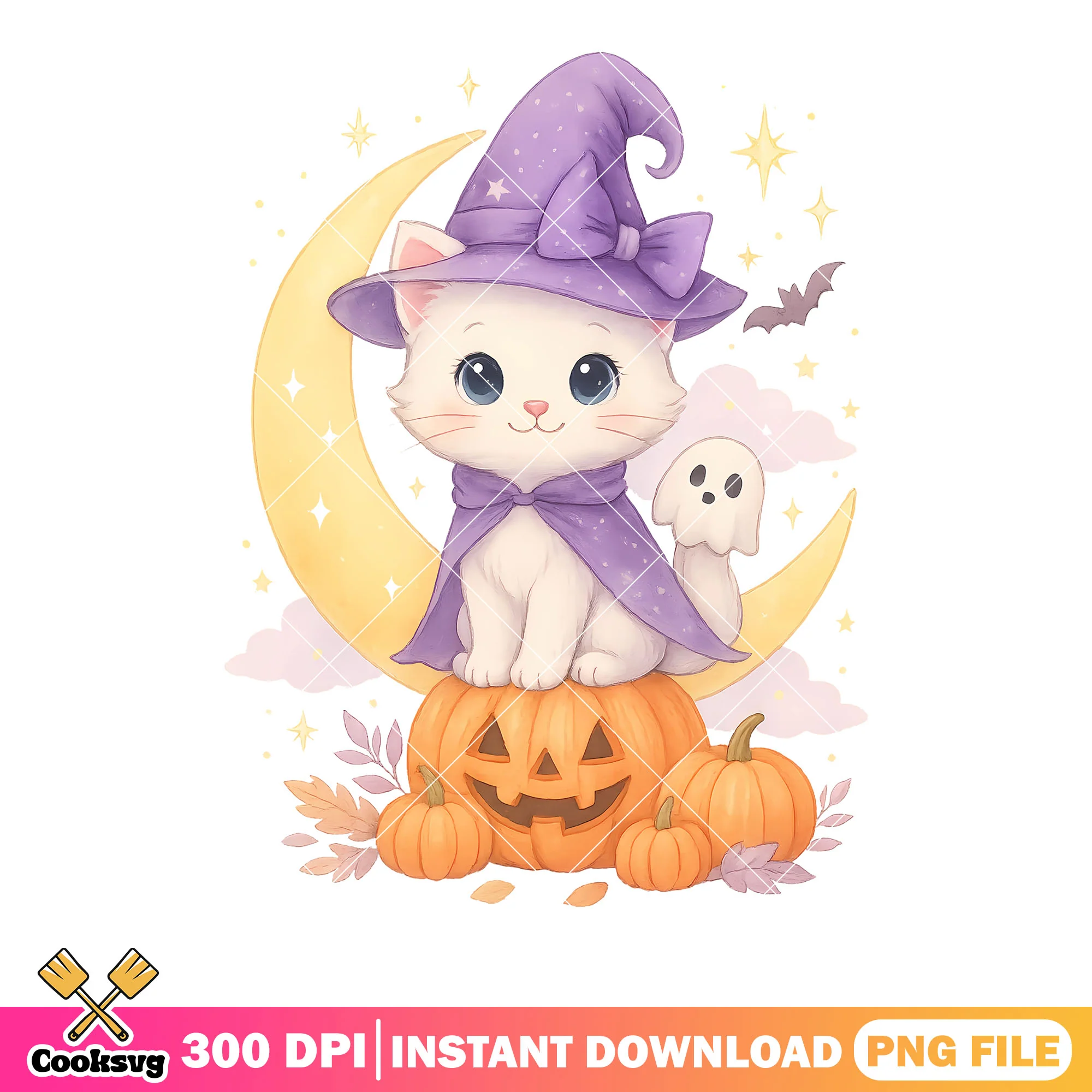 White baby cat with baby ghost png, witch hat png, scary halloween night png