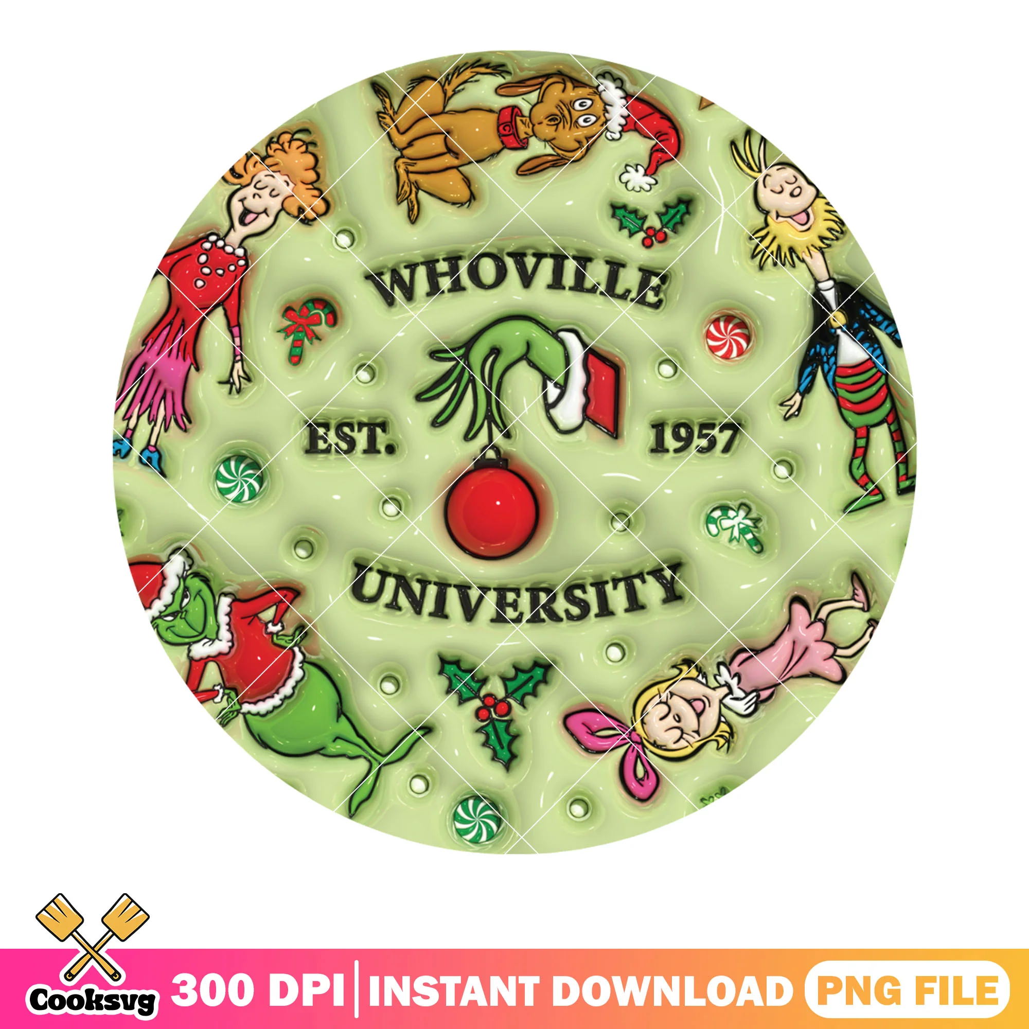 Whoville university est 1957 png, jingle bell png, grinch png