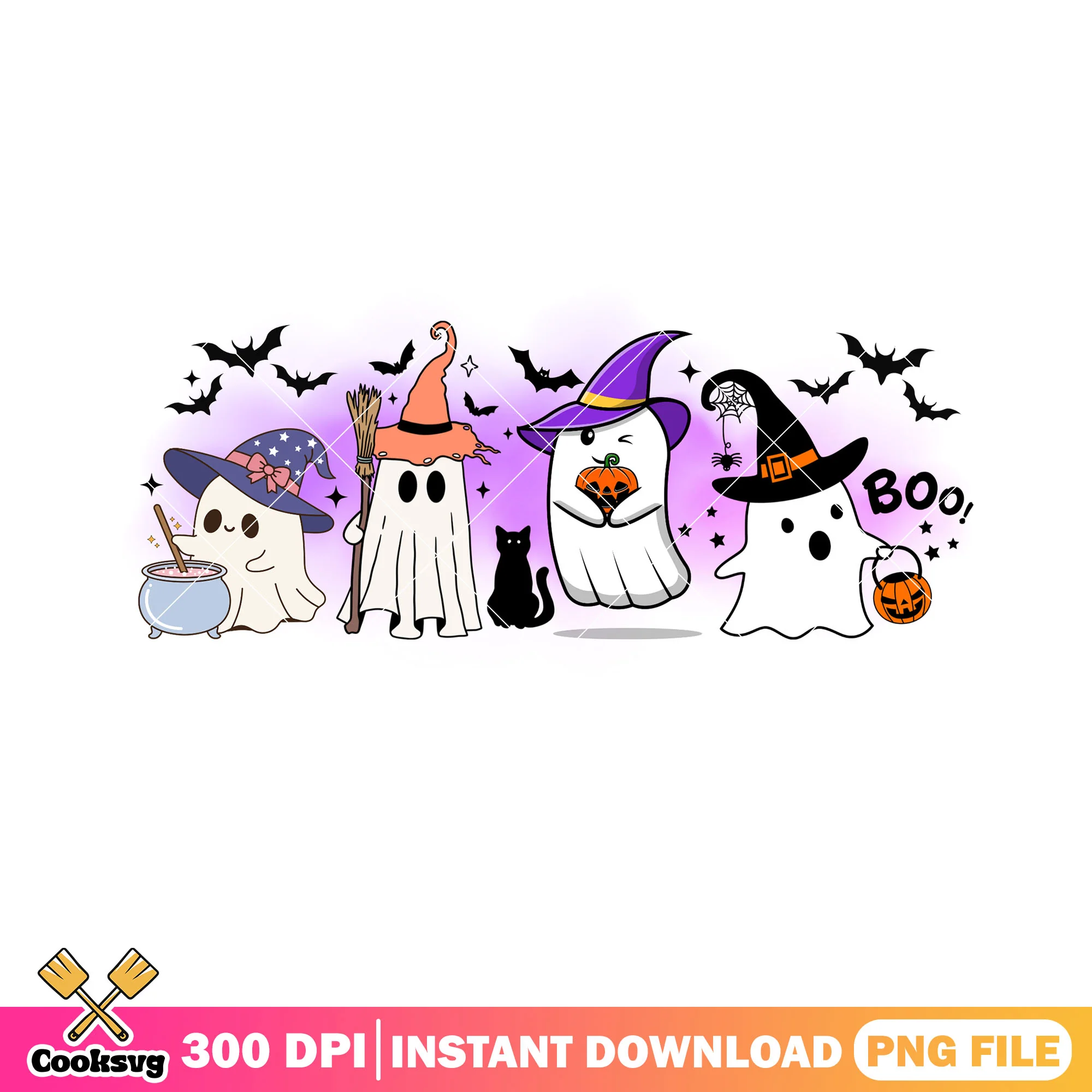 Wicker pumpkin Cutie ghost png, black cat png, halloween scary png