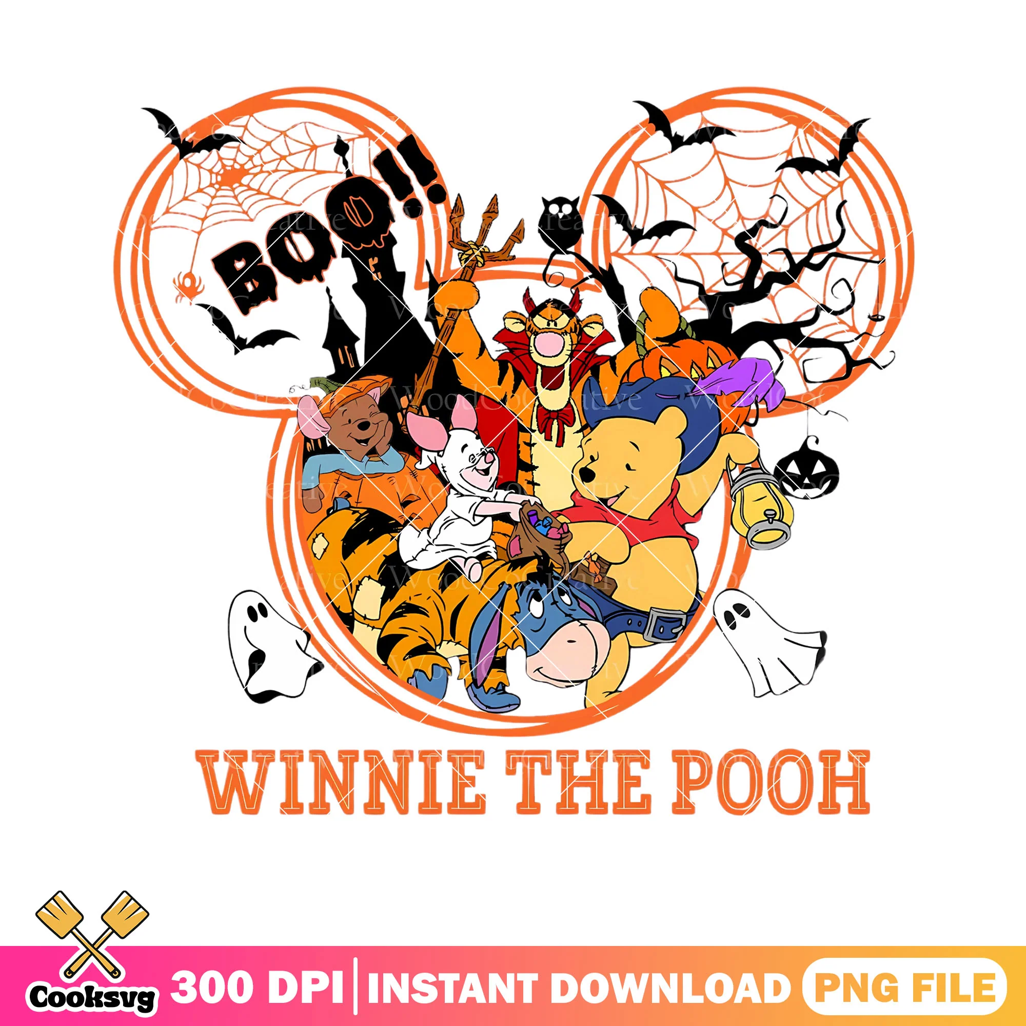 Winnie the Pooh lineup casrt png, spooky castle png, disney halloween png