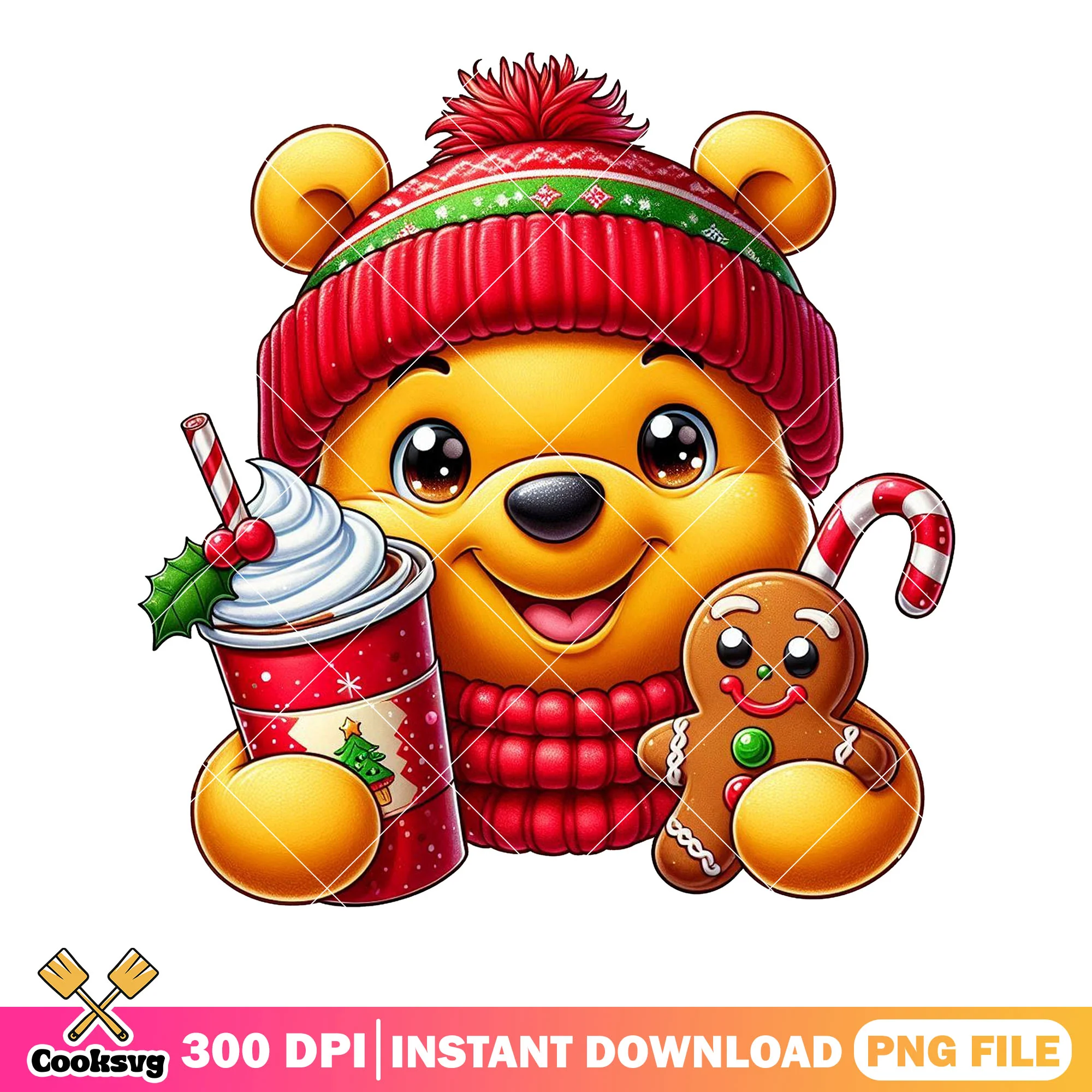 Winnie the pooh png, christmas hot chocolate png, hat cute png