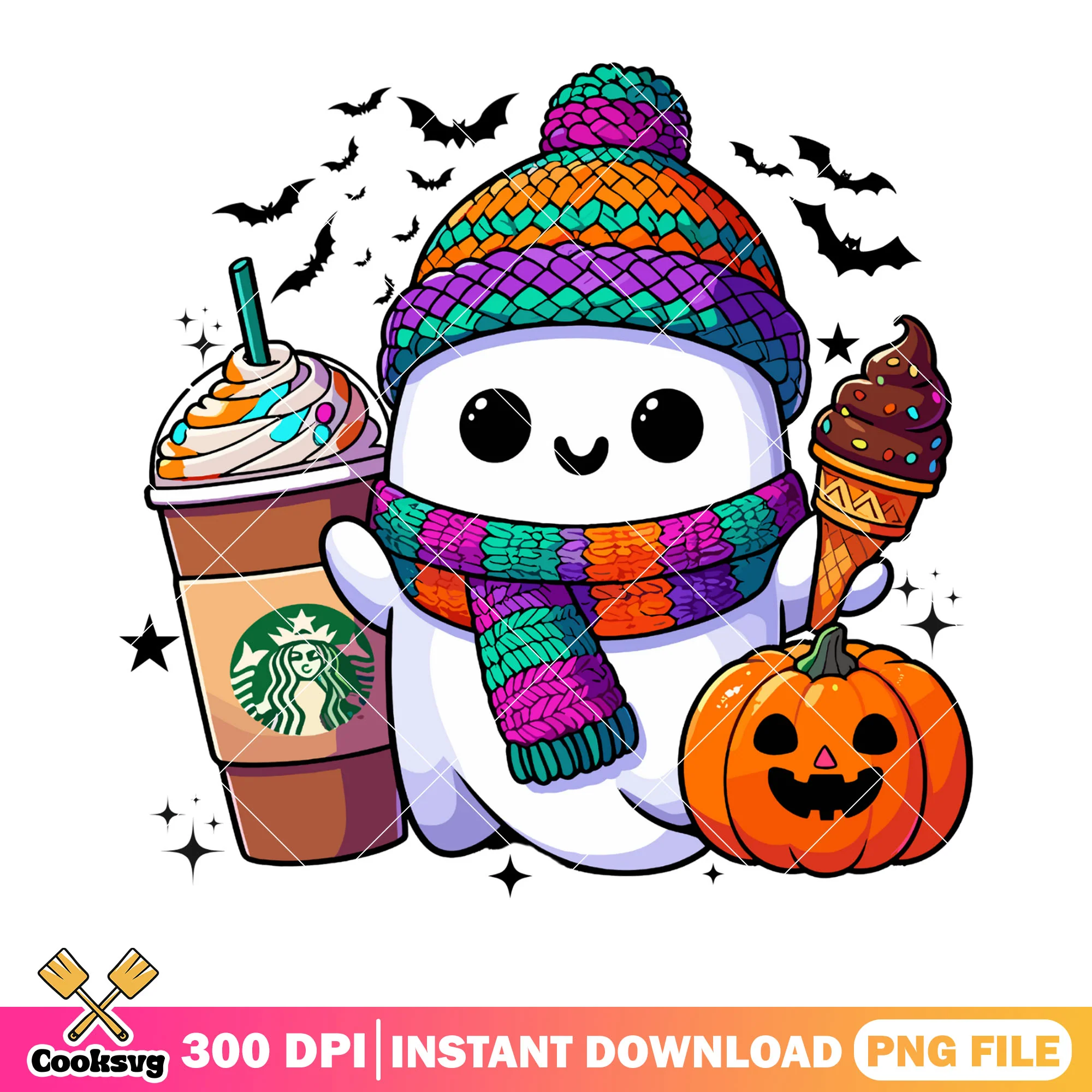 Winter vibes ghost png, jack o lantern png, halloween scary png