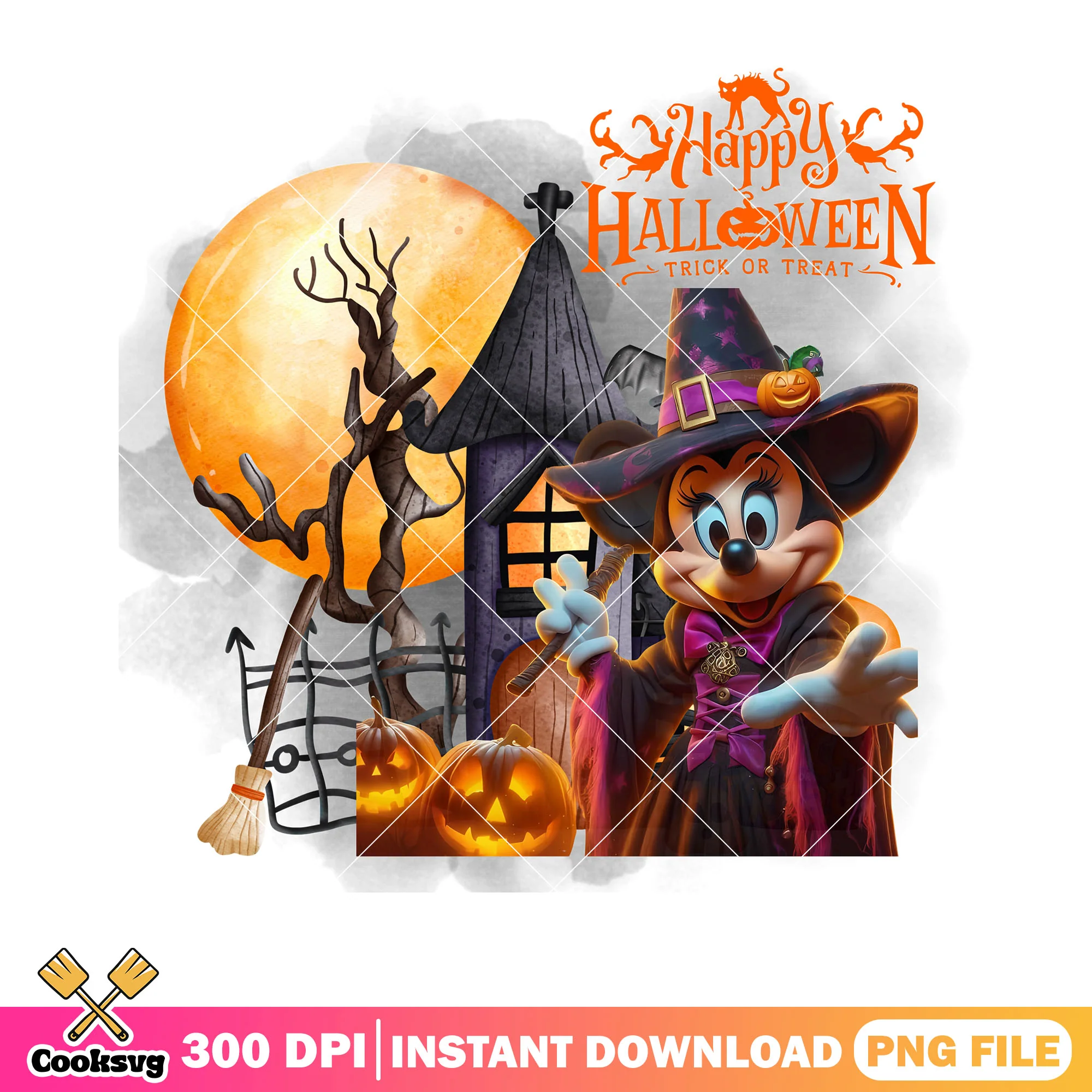 Witch costume minnie png, wicker pumpkin png, full moon night png