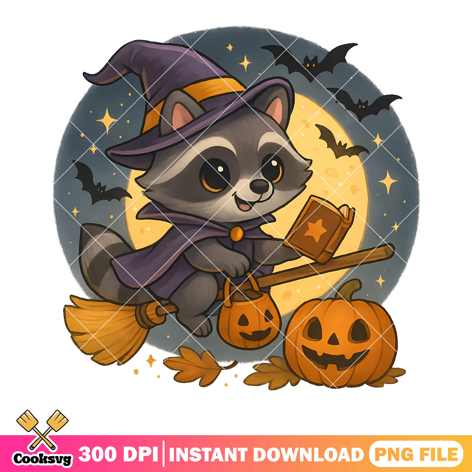 Witch racoon in the night png, wicker pumpkin png, scary halloween night png