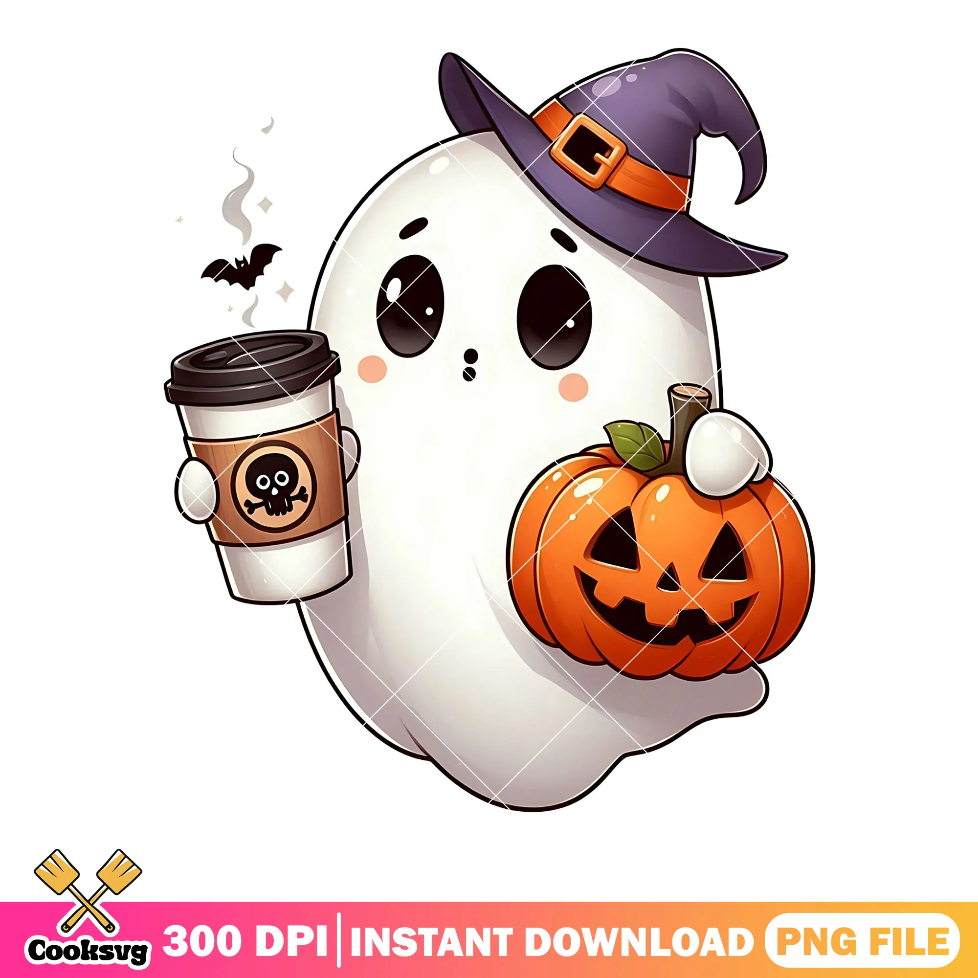 Witches hat ghost png, hot chocolate png, cute halloween png
