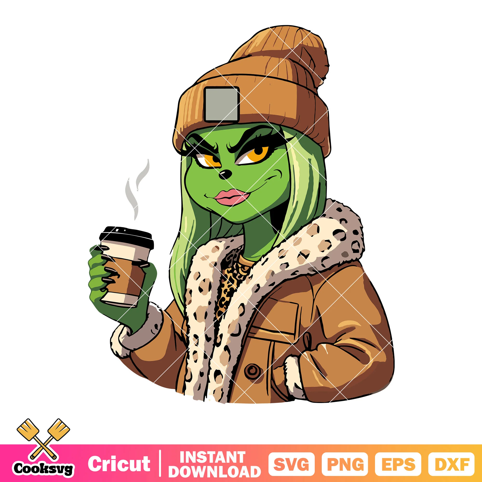 Women the grinch svg, hot chocolate svg, leopard fur jacket svg