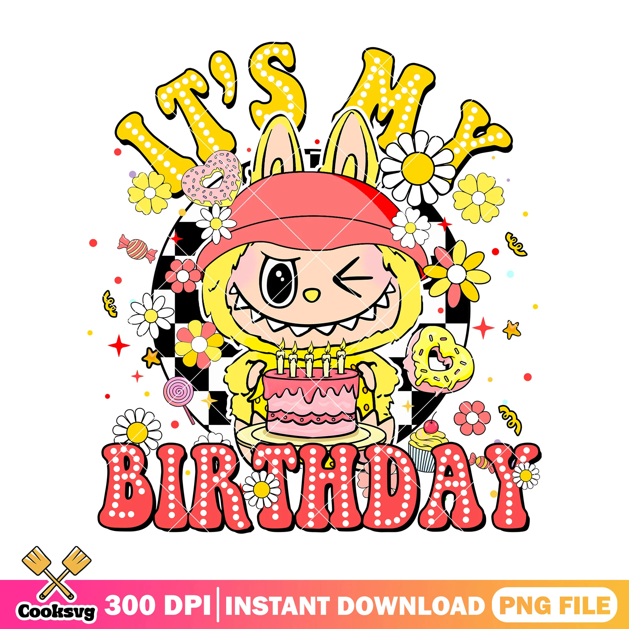 Yellow labubu birthday png, happy labubu png, labuubuu png