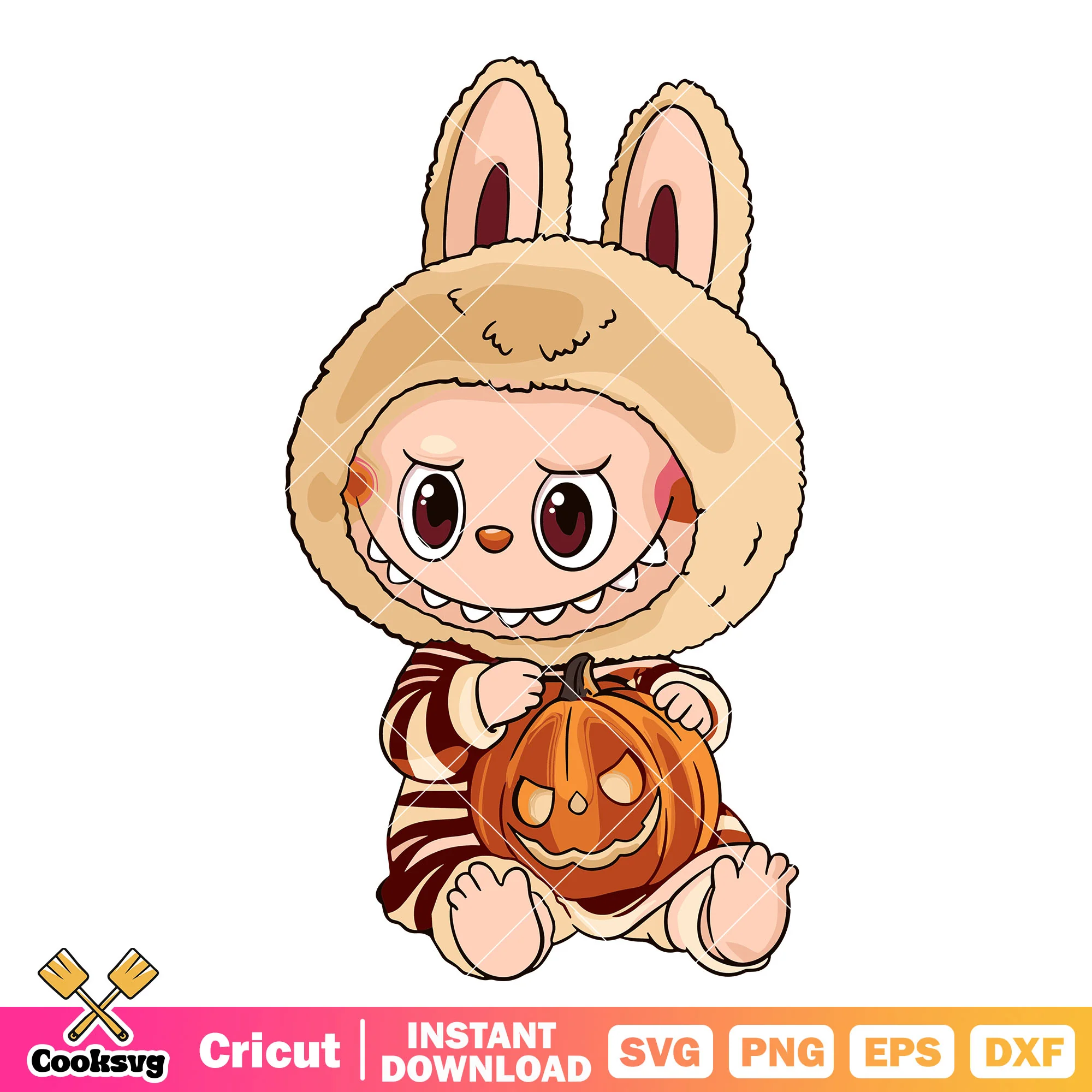 Yellow labubu with pumpkin svg, pumpkin labubu svg, labubu halloween svg